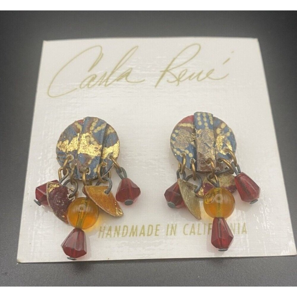 NWT Vintage Earrings Carla Renee Handmade in California Dangle Pierced Earthtone - Picture 2 of 5